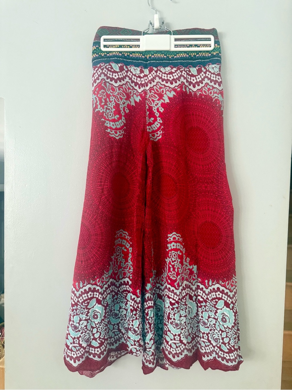 Vibrant Red Mandala Floral Print Palazzo Pants - Wide-Leg with Smocked Waist